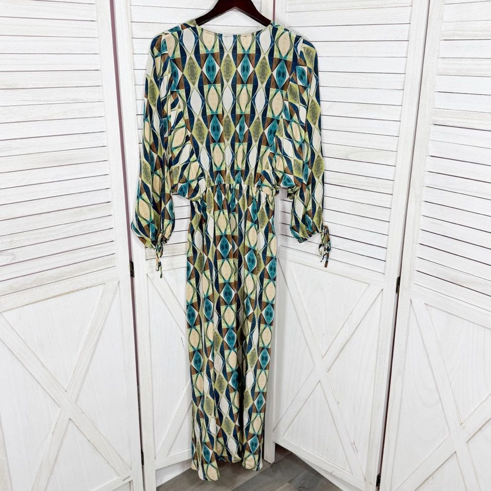Zara Geometric Print Sateen Maxi Dress Green Blue Tan‎ Long Sleeve Small - Picture 9 of 13